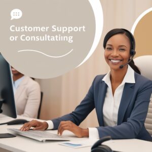 Smiling customer service representative with an earpiece, ready to assist customers.