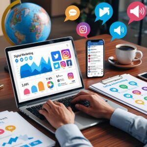 Marketing expert typing on a laptop, planning SEO and social media strategies