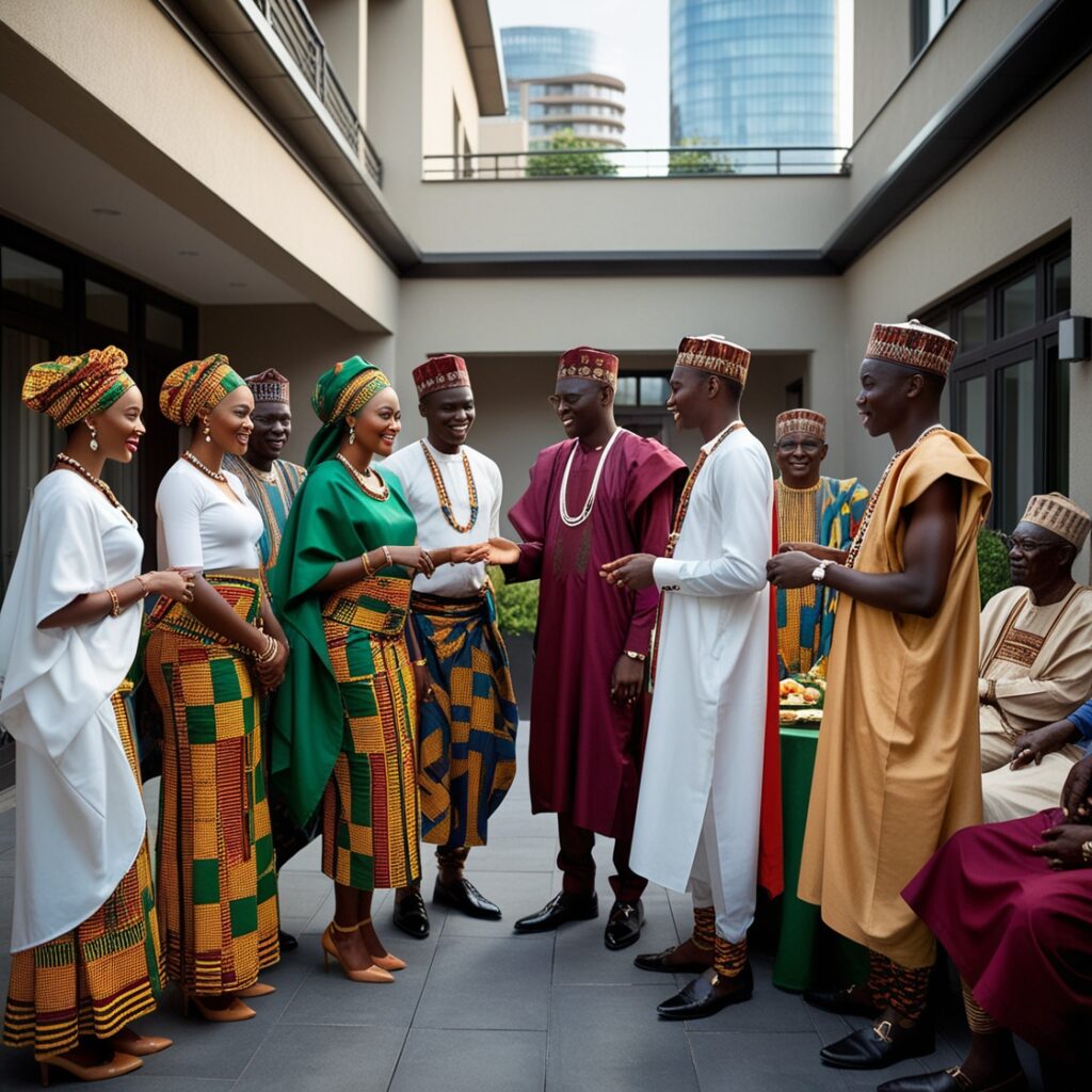 Group of men and women in native dress chatting and smiling together."