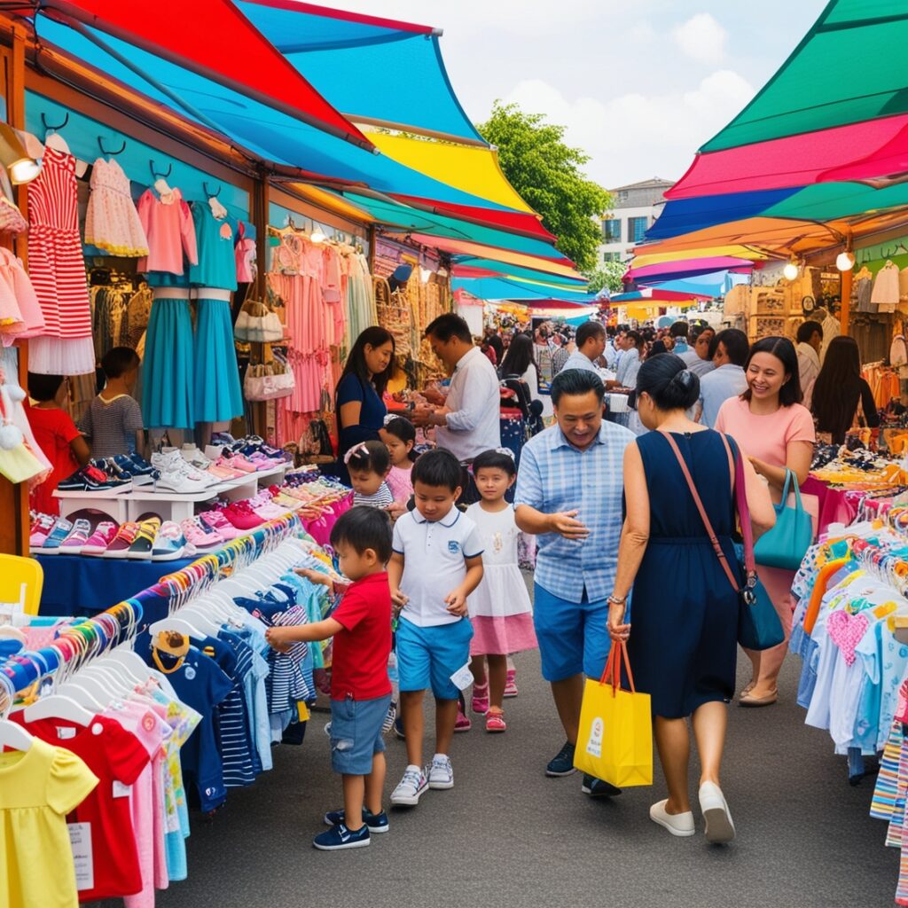 Men, women, and children exploring stalls in a busy market environment